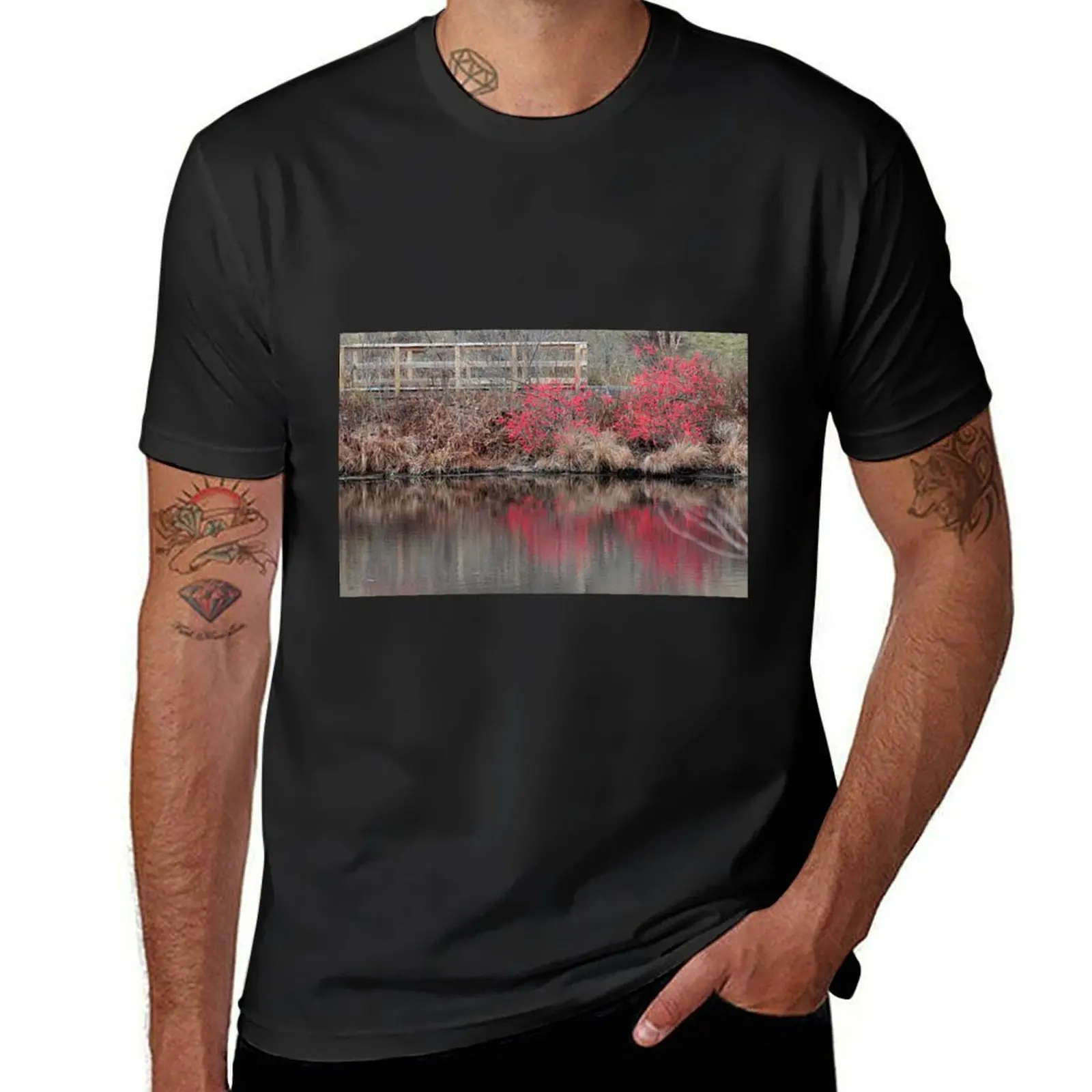 

Little bridge and berry reflections in a pond T-Shirt quick drying oversized Blouse shirts graphic tees black t-shirts for men