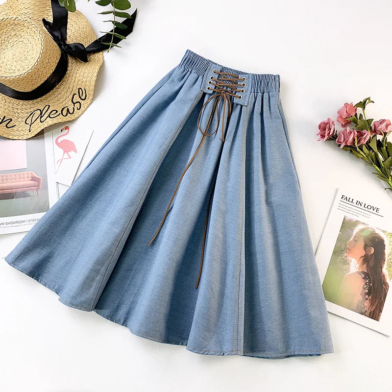 PEONFLY Autumn Winter Fashion Women Skirt Solid Color Lace-up High Waist Denim Skirt Retro Pleated Midi Denim Flared Skirts crop top with skirt Skirts