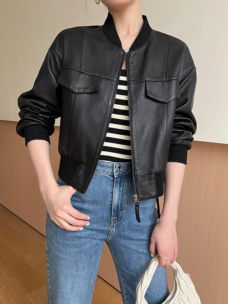 

Genuine Leather Ruffled Bomber Jacket Women High Quality Cropped Fashion Side Bandage Design Natural Sheepskin Coat 가죽자켓 여성