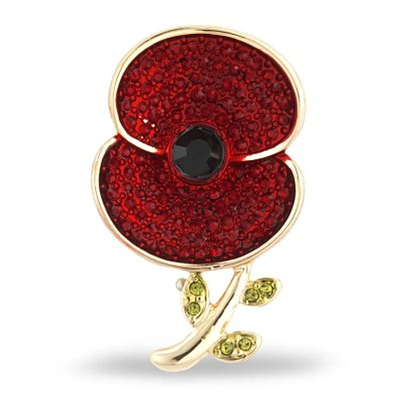 

Red Enamel British Poppy Flower Brooch Pin with Leaf Souvenir