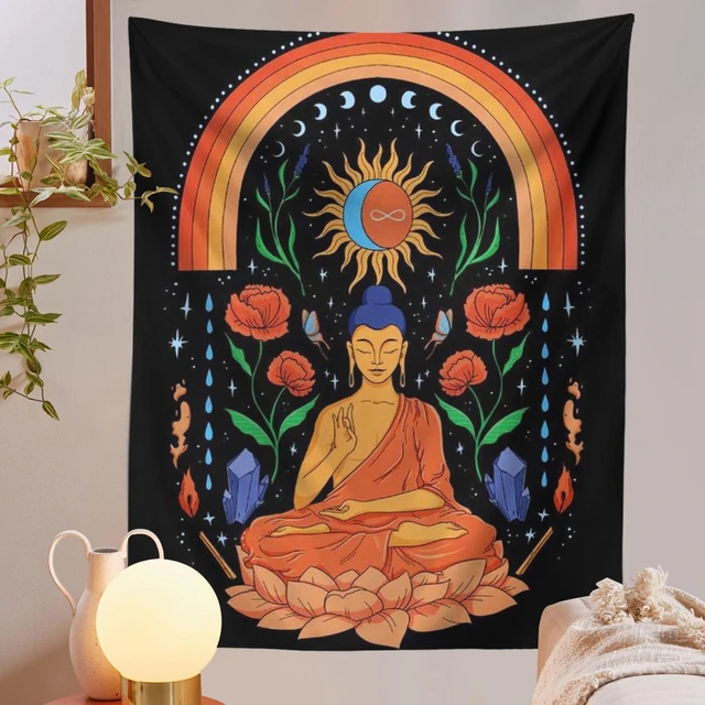Buddha Szivárvány Napsütéses Falfájdozó Virág Jóga Fali Kendő Nappali Hálószoba Dekoráció Gobelin - Image 3
