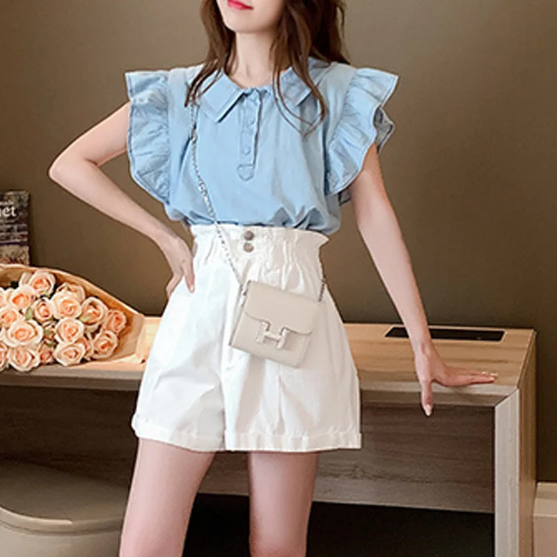 2023 Summer Trend Korean Version Button Up High Waisted Panel Large Pocket Loose Casual Slim Versatile Women's Wide Leg Shorts