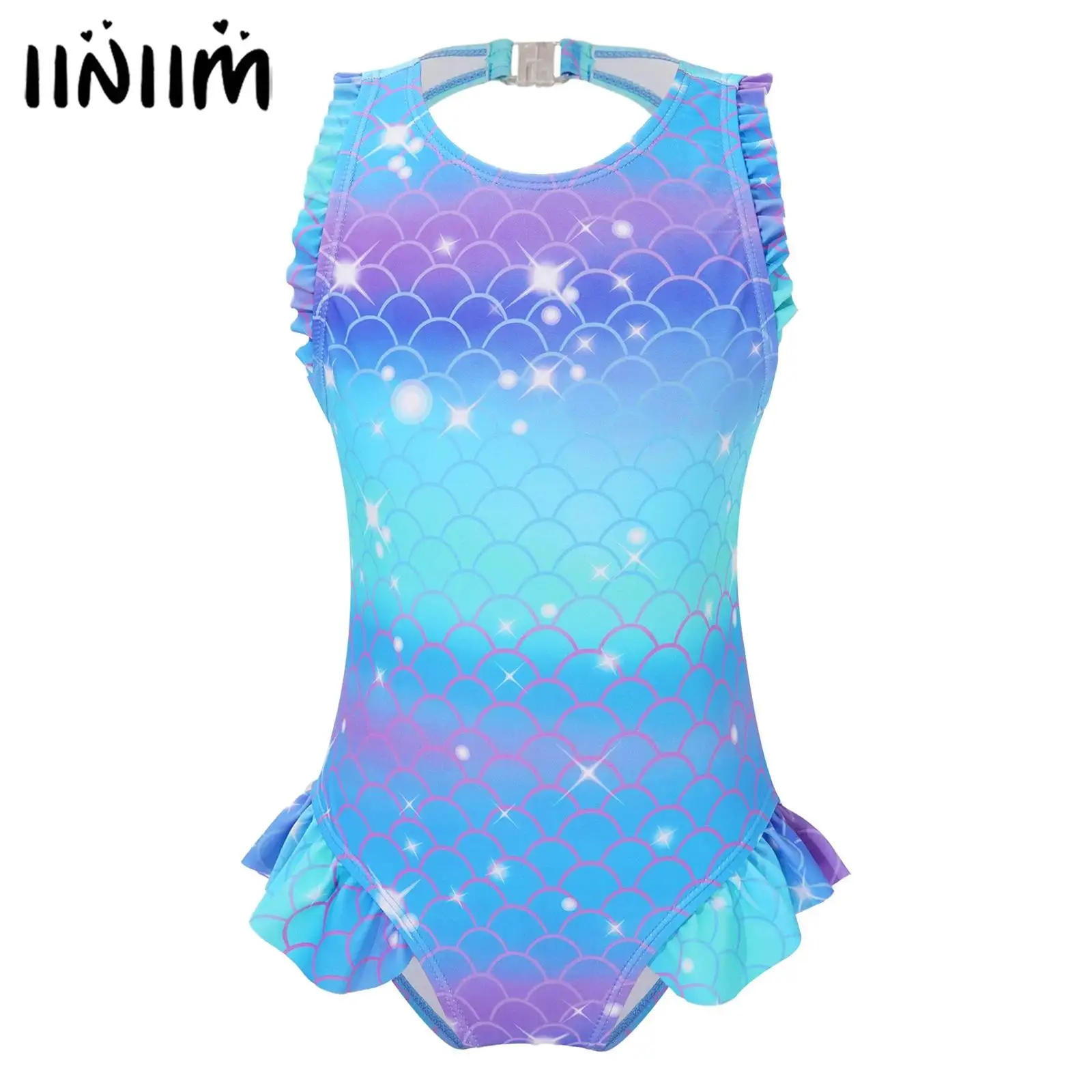 Children Swimsuit Kids Girls Mermaid Swimsuit Sleeveless Fish Scales Print Ruffle Flounce Jumpsuit Bathing Suit Pool Beach Athletic Swimwear