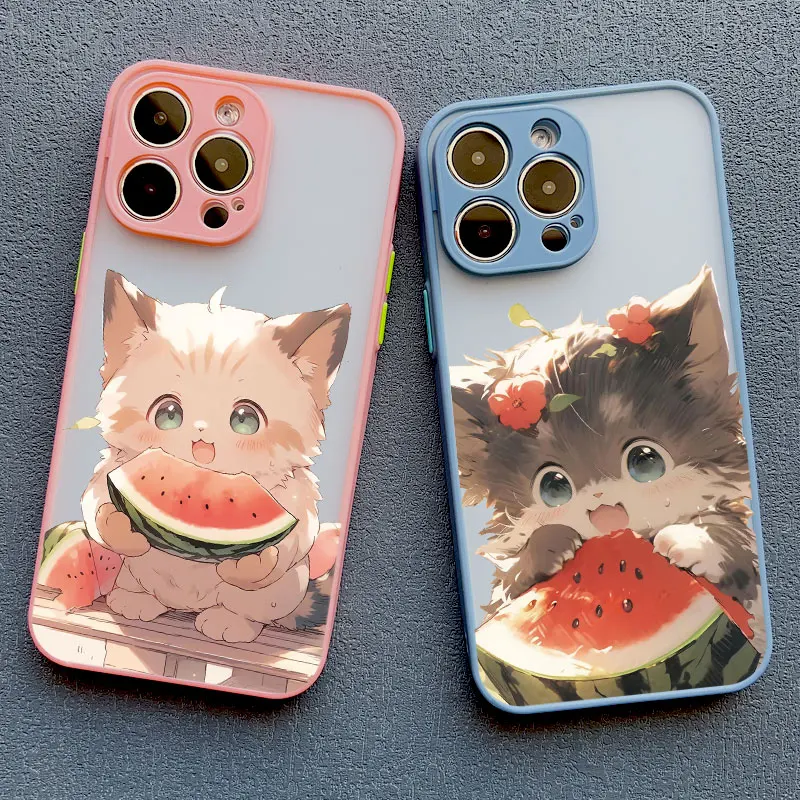 Niedliche Wassermelonen-Katzen-Tier-Handyhülle für iPhone 17 11 Hülle iPhone 15 16 Pro Max 12 13 Pro Max Mini XR XS X 14 Plus Cover