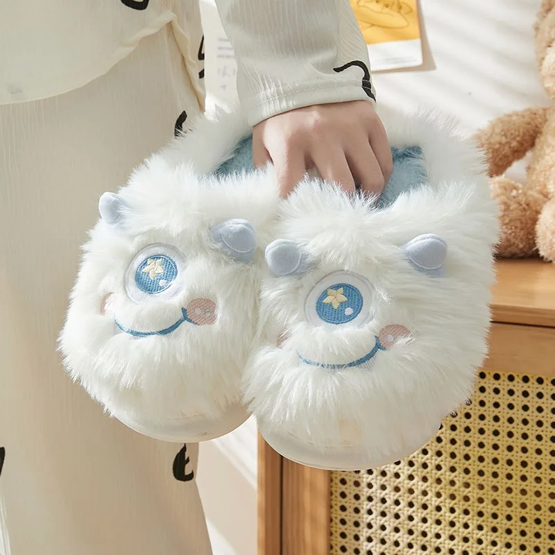 

2023 Fall and Winter New Cute Cartoon Plush One-Eyed Elf Women's Round Head High Elastic Non-Slip Warm Home Cotton Slippers