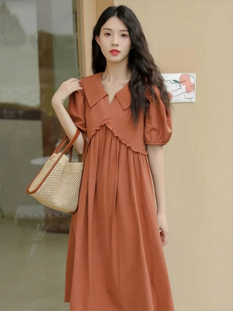 

Французское винтажное платье для пожилых, свободное скрытое мясо, в стиле преппи, с рукавом-пузырьком, Женская юбка с кукольным воротником, лето 2024