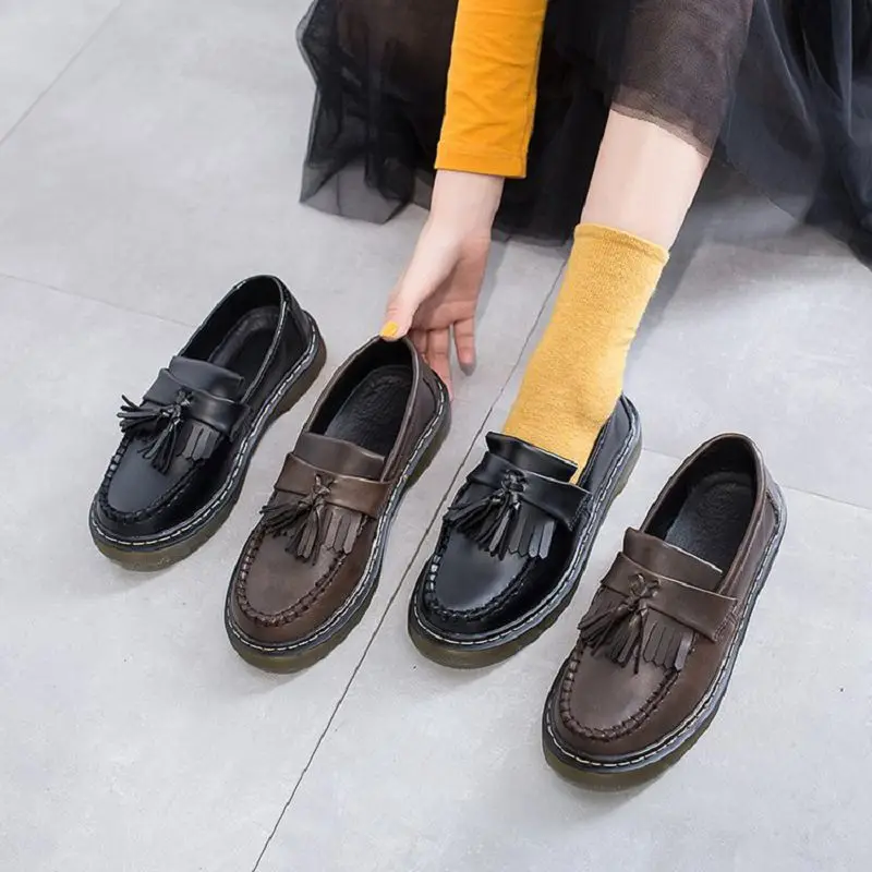 Women Tassel Loafer Brown Black Rubber Sole Flats College Style Shoes HY1