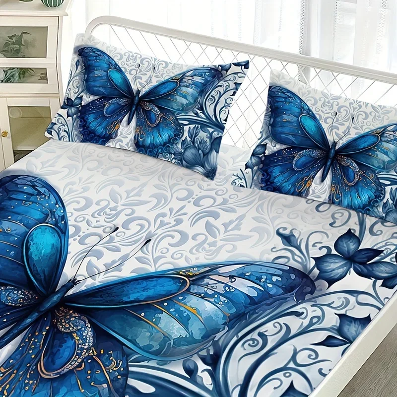 3pcs Blue Butterfly Floral Fitted Sheet Set (1 Fitted Sheet + 2 Pillowcase Without Pillow Insert), HD Printing For Bed Sheet