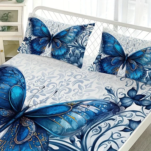 Set di lenzuola con angoli floreali a farfalla blu da 3 pezzi (1 lenzuolo con angoli + 2 federe senza inserto per cuscino), stampa HD per lenzuolo 3