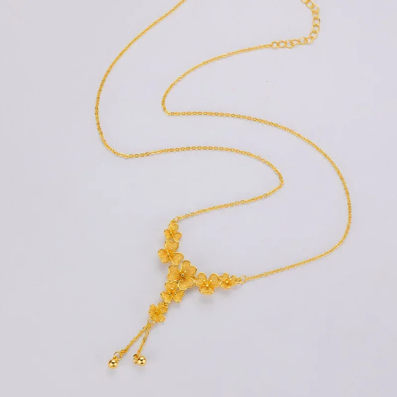 9999 24K Real Yellow Gold Three-Petal Grass Clavicle Necklace, Niche Senior Sense for Trendy Wear
