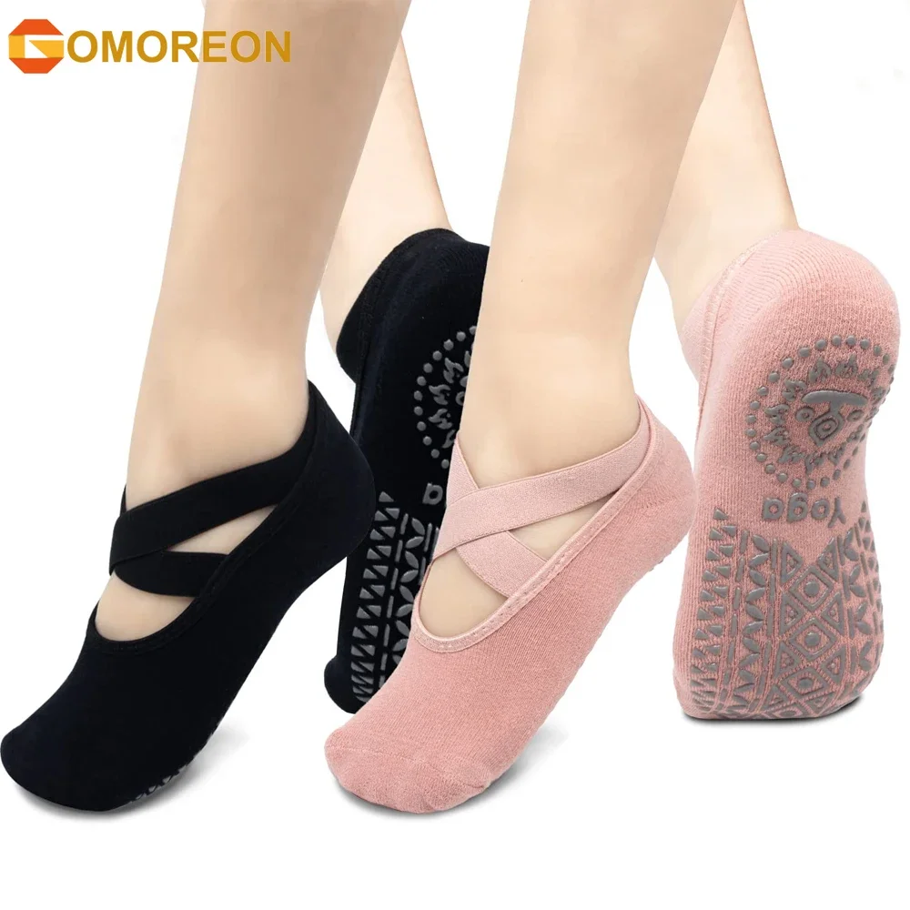 GOMOREON 1Pair Yoga Socks for Women Non-Slip Grips & Straps, Ideal for Pilates, Pure Barre, Ballet, Dance, Barefoot Workout