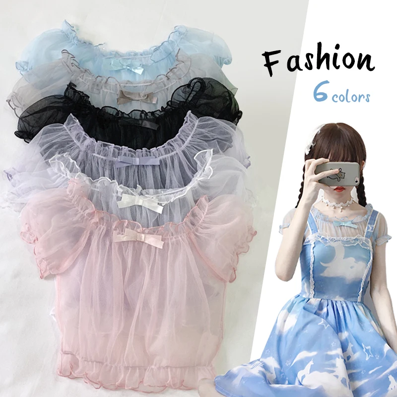 Women Super Fairy Sheer Mesh Short Sleeve Tops Transparent Sweet Princess Lolita Shirts Kawaii Lace Tops Mori Girl Bottom Blouse lolita blouses