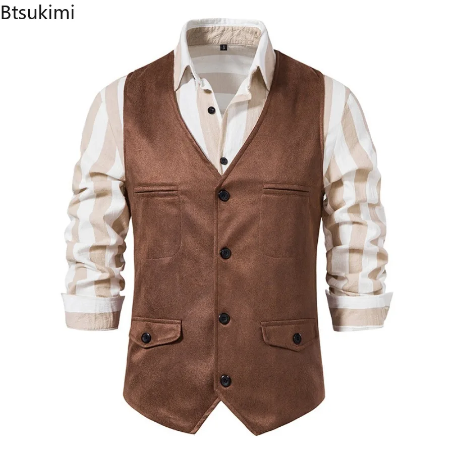 New 2024 Men's Vest V-neck Suede Single Breasted Vest Jacket Man Casual Business Party Waistcoat Fashion Solid Slim Vest for Men