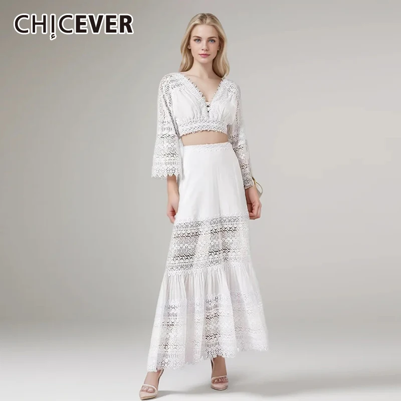 

CHICEVER однотонный ажурный комплект из двух предметов для женщин с V-образным вырезом и расклешенными рукавами кроп-топы с высокой талией женский летний комплект