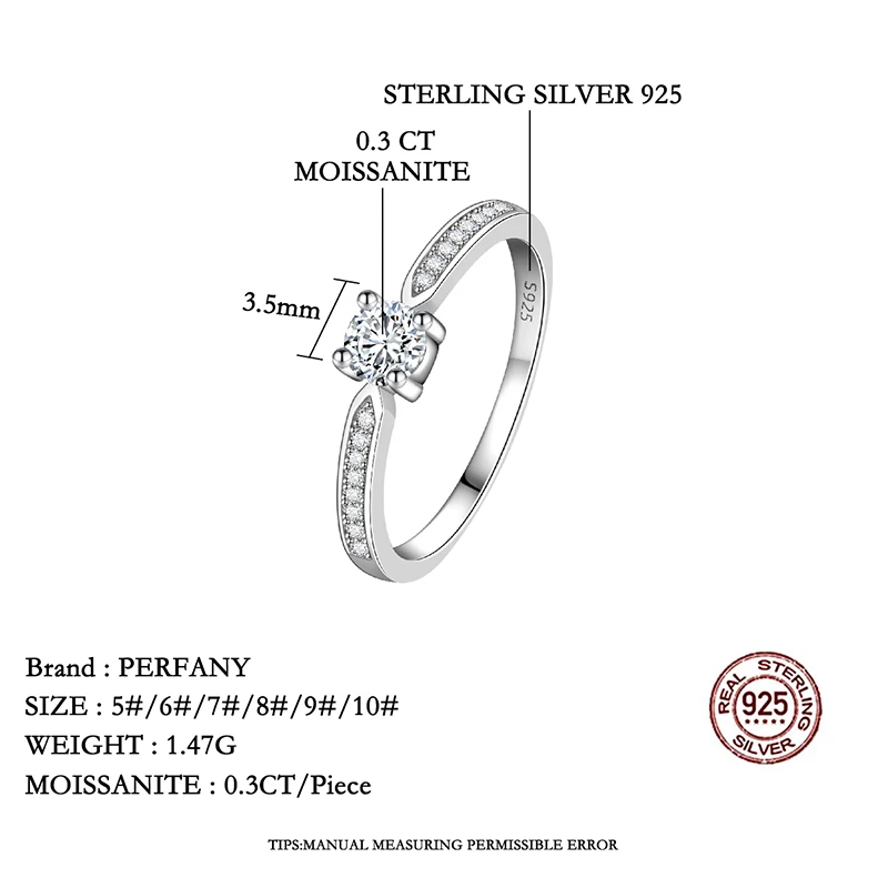 Silver Ring Wedding Rings Silver Rings Moissanite Ring PERFANY 0.3CT Moissanite Ring for Women S925 Pure Silver Four Claw Laboratory Diamond Compact and Exquisite Wedding Jewelry