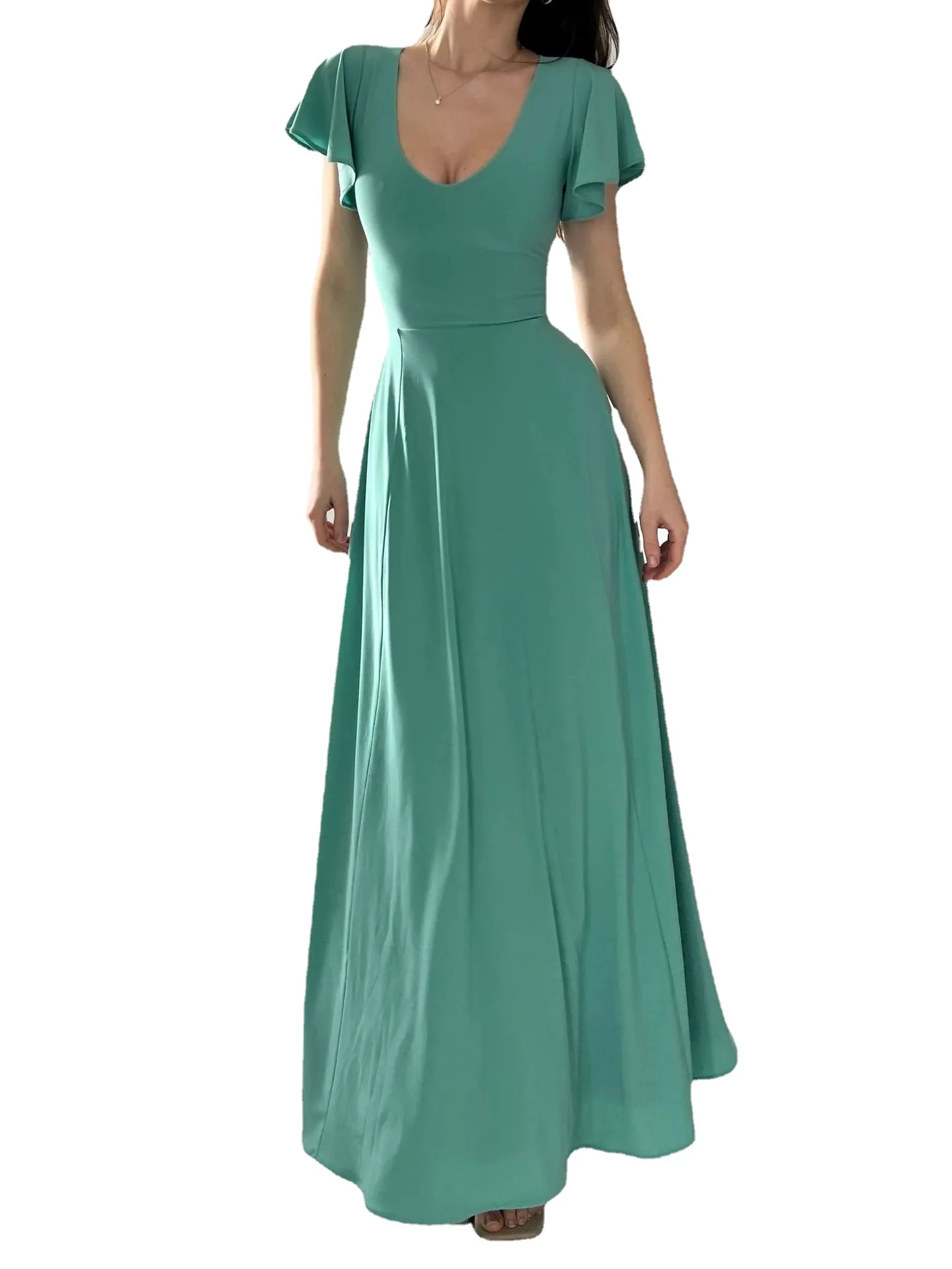 

Women's Long Dress 2023 Belt Design Short Sleeves Small Waisted Dress Women U Neck Elegant Lady Floor Length Dress Luxury