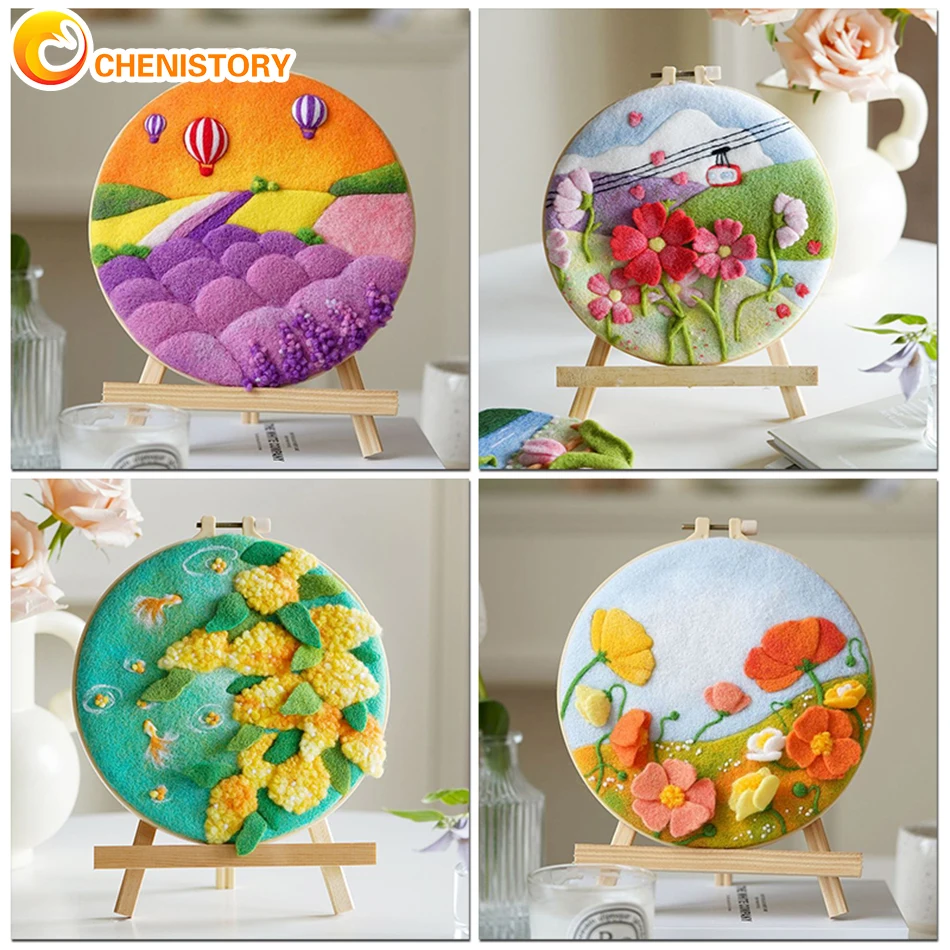 

CHENISTORY DIY Wool Felting Painting With Embroidery Set Handmade Needle Wool Painting Picture For Home Decors Crafts Gift New