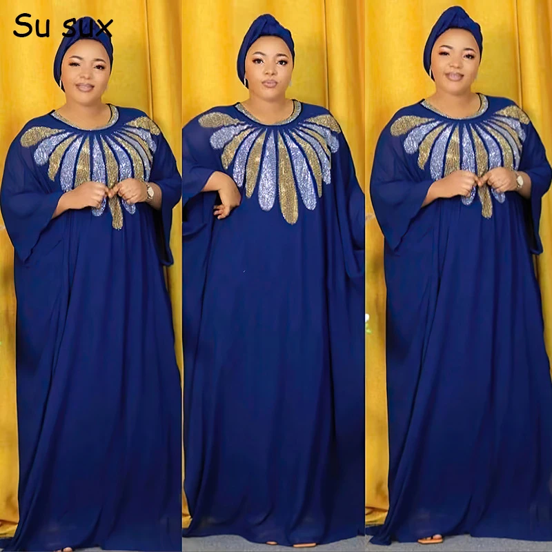 

African Clothing For Women Plus Size Sequins Chiffon Maxi Dress 2 Piece Muslim Robe Africains Femme Dubai Abaya Caftan Vestidos