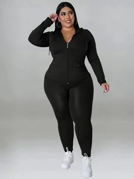 Plus Size Hooded Tracksuit Women Zipper Jacket With Pockets Casual 2 Piece