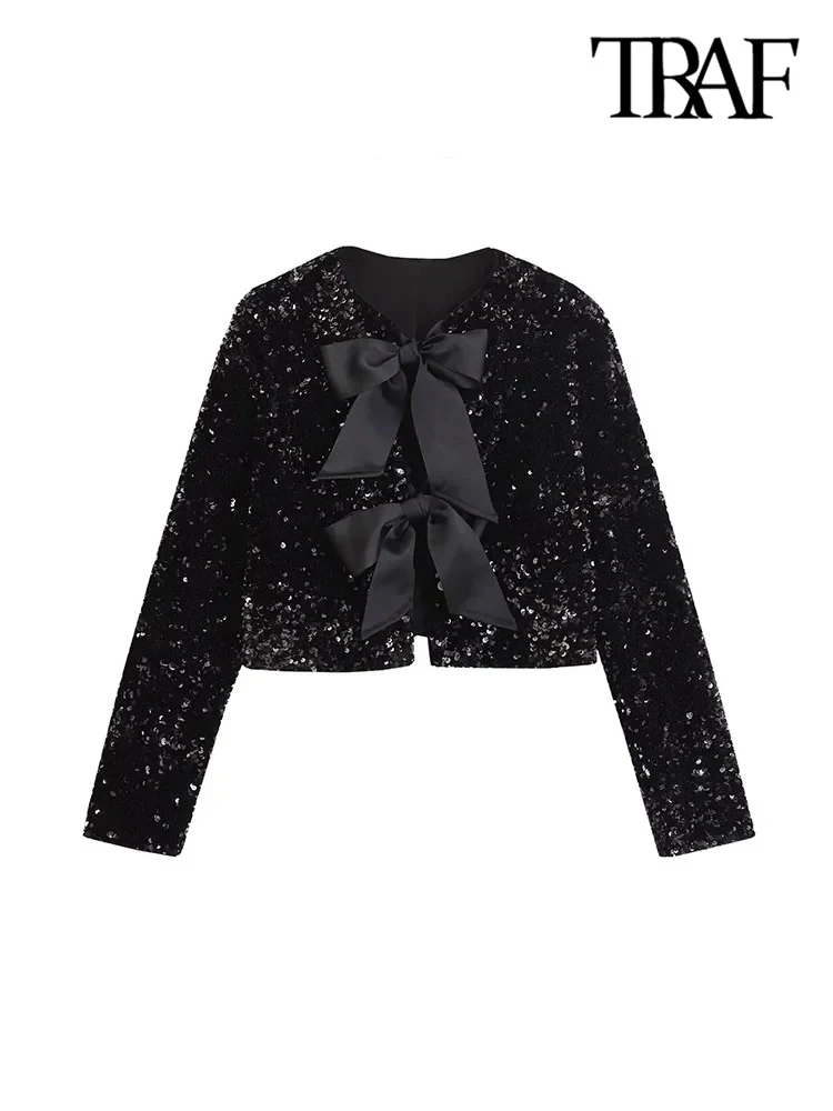 TRAF-Women's Long Sleeve Sequined Cropped Jacket, O Neck Coat, Female Outerwear, Chic Tops, Bow Tied 4