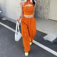 Puloru Orange Baggy Cargo Pants Women Casual High Elasitc Waist Straight-Leg Trousers with Side Pockets Streetwear Sweatpants 2