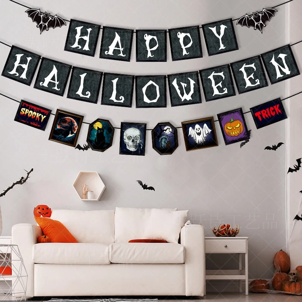 

Halloween Deacoratiion Banner Spooky Witch Bat Skull Haunted House Garlands Pumpkin Trick Or Treat Happy Halloween Pull Flag
