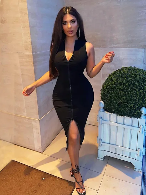 V-neck Zipper Sexy Black Dress For Women Clothes Silm Soild Sleeveless  Streetwear Vestidos De Mujer Fashion Summer Casual Outfit - Dresses -  AliExpress