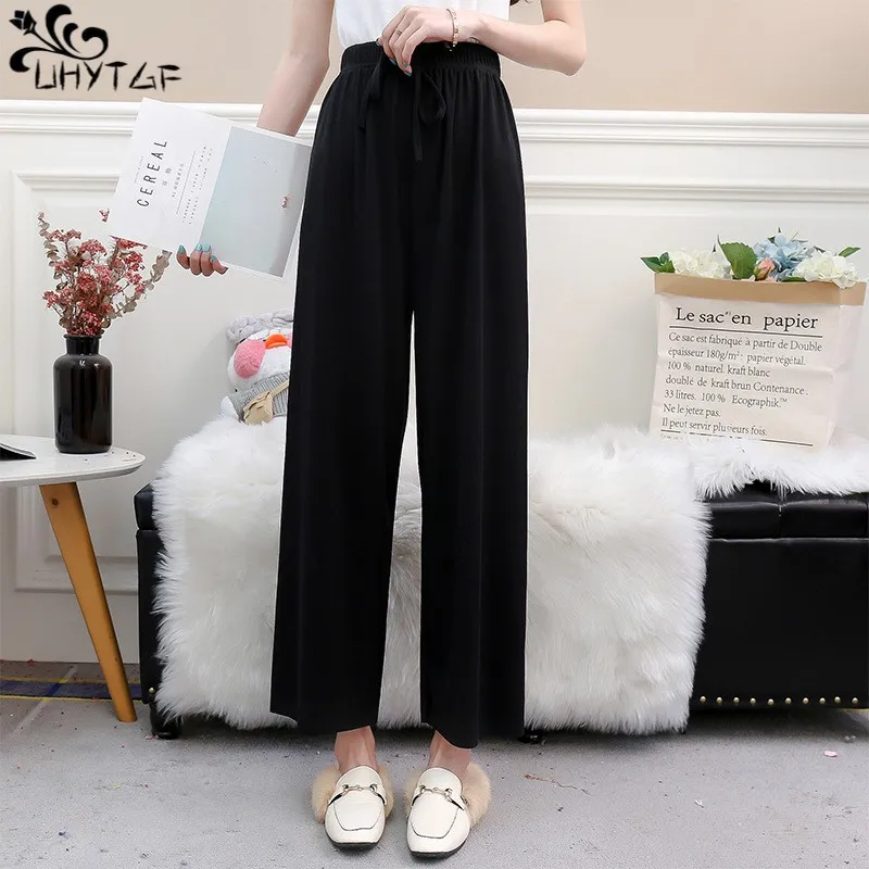 

UHYTGF Nine-Point Pants For Women's Summer Elastic Waist Lace-Up Straight Wide Leg Solid Color Loose Casual Female Thin Pants