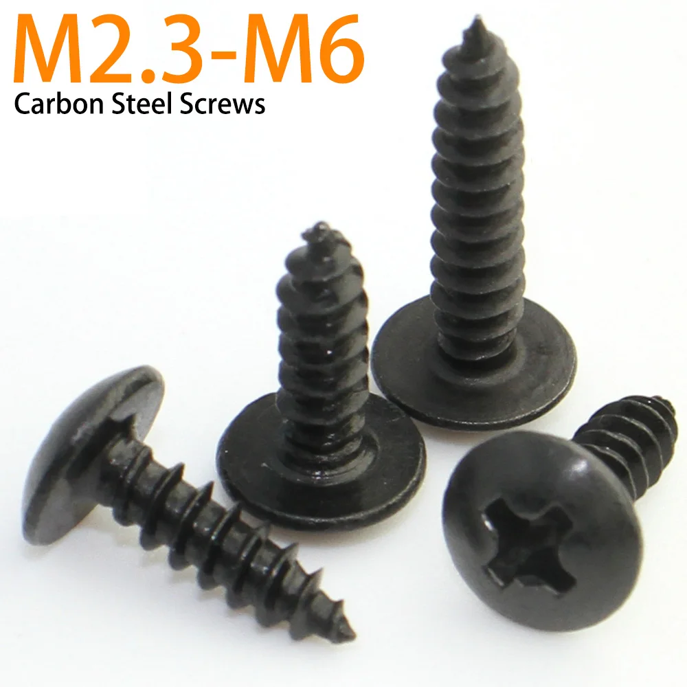 

10/50/100pcs M2 M2.3 M2.6 M3 M4 M5 M6 CM Black Carbon Steel Phillips Truss Head Cross Recessed Mushroom Head Self Tapping Screws