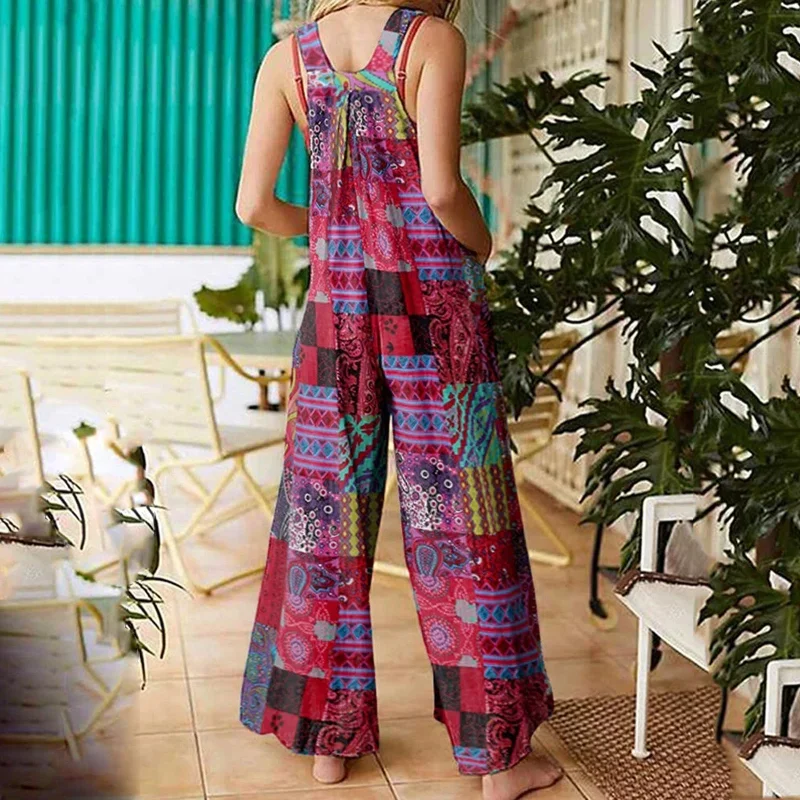 Women Jumpsuits Summer Overalls Multicolor Ethnic Style Square Neck Sleeveless Casual Rompers with Pockets for Girls Playsuit