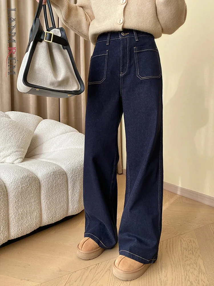 

[LANMREM] 2023 Winter New Thick Warm Jeans For Women High Waist Straight Wide Leg Denim Pants Fashion Female Clothing 26D7446