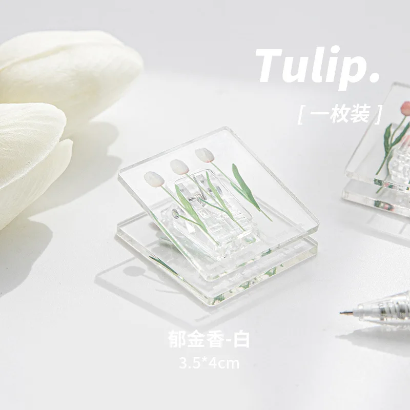 Paper Clips 1Pc Tulips File Folder Cute Small Clip Transparent DIY Acrylic Simple Color Clip Student Stationery Supplies Kawaii