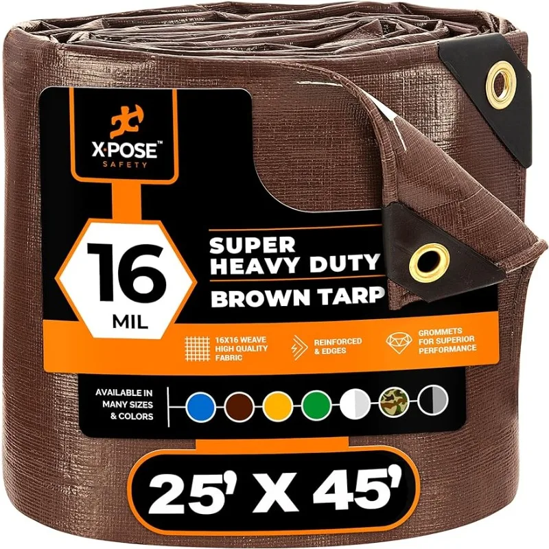 

25' x 45' Super Heavy Duty 16 Mil Brown Poly Tarp Cover - Thick Waterproof, UV Resistant, Rip and Tear Proof Tarpaulin
