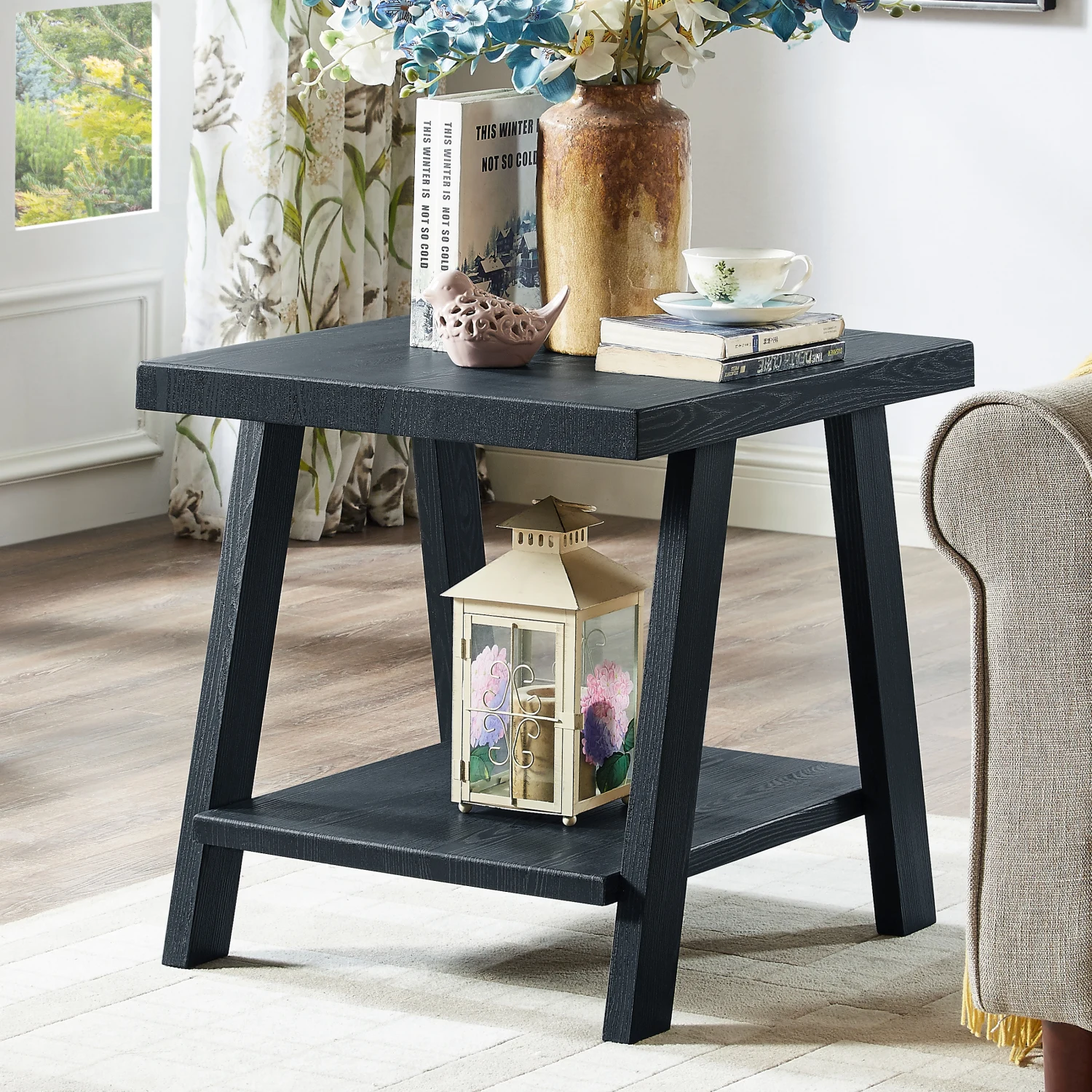 

Contemporary Athens Black Finish Replicated Wood Shelf End Table with Elegant Design for Modern Living Room Decor and Functional