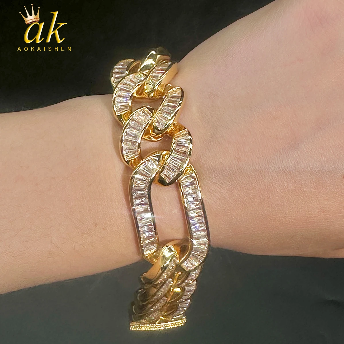 

Женская багета Aokaishen, блестящая кубинская звено с настоящим золотым покрытием и кубическим цирконием, украшения в стиле хип-хоп