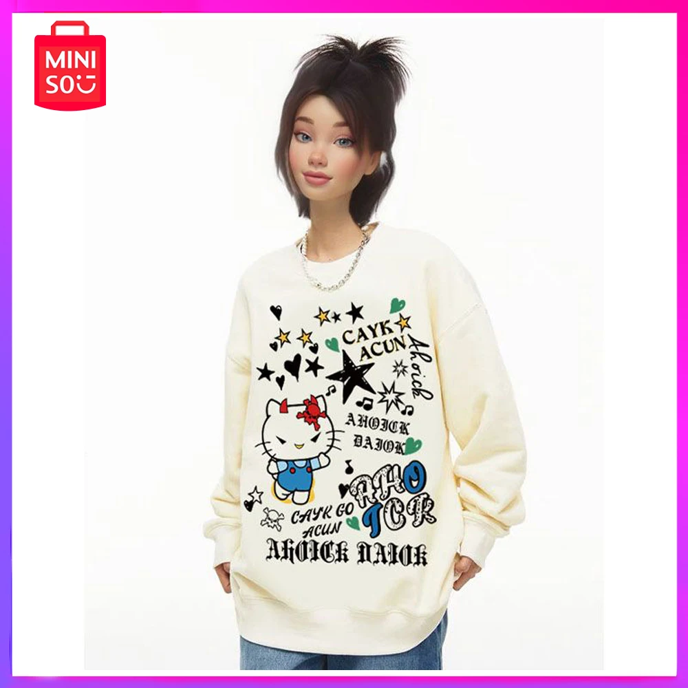 

Miniso Hello Kitty Letter Printed Round Neck Sweatshirt Loose Lazy Style Hooded Top Jacket Trend Couple Christmas Birthday Gift
