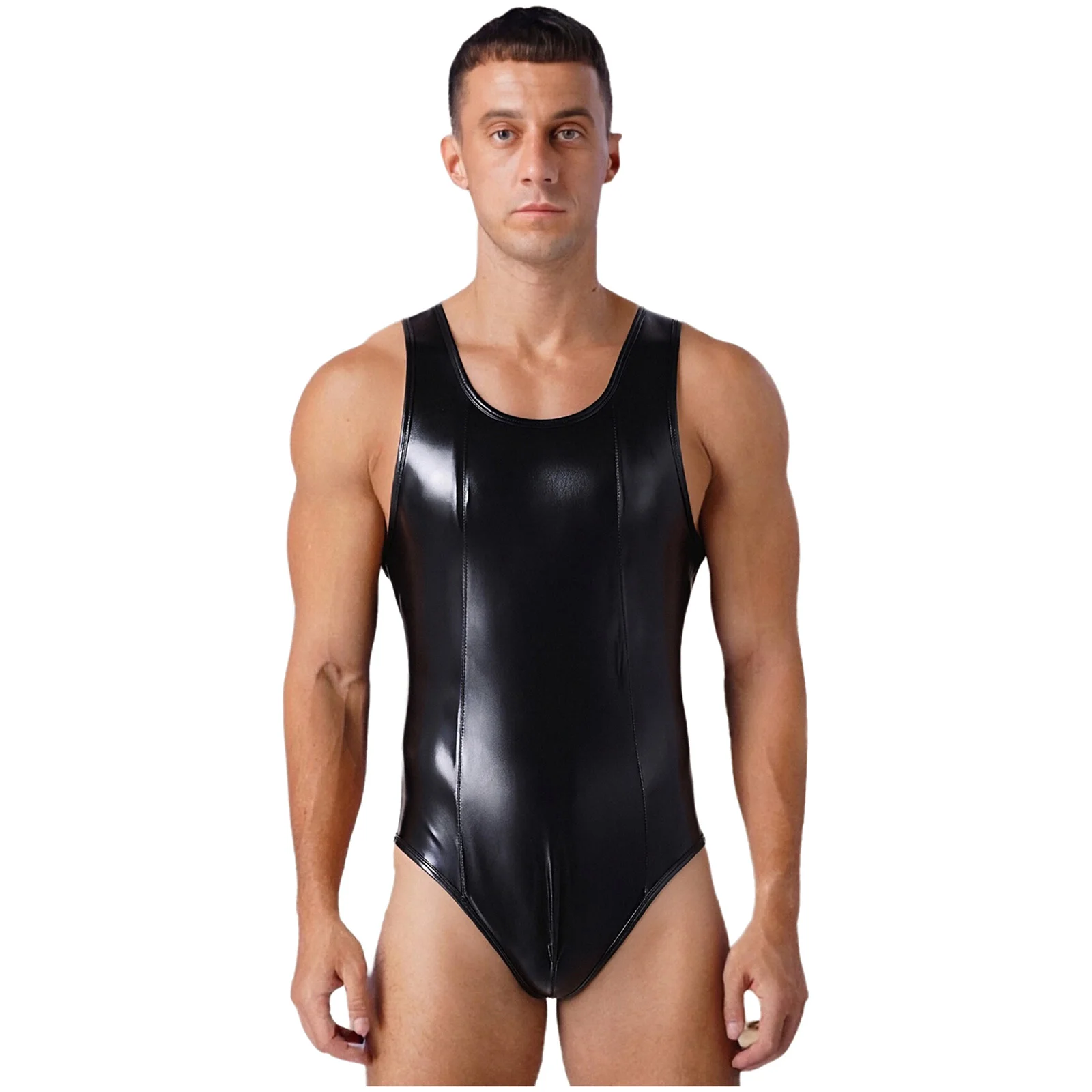 Mens Shiny Metallic Leather Thongs Bodysuit Sleeveless Bulge Pouch Back Zipper One-piece Leotard Jumpsuit for Nightclub Raves
