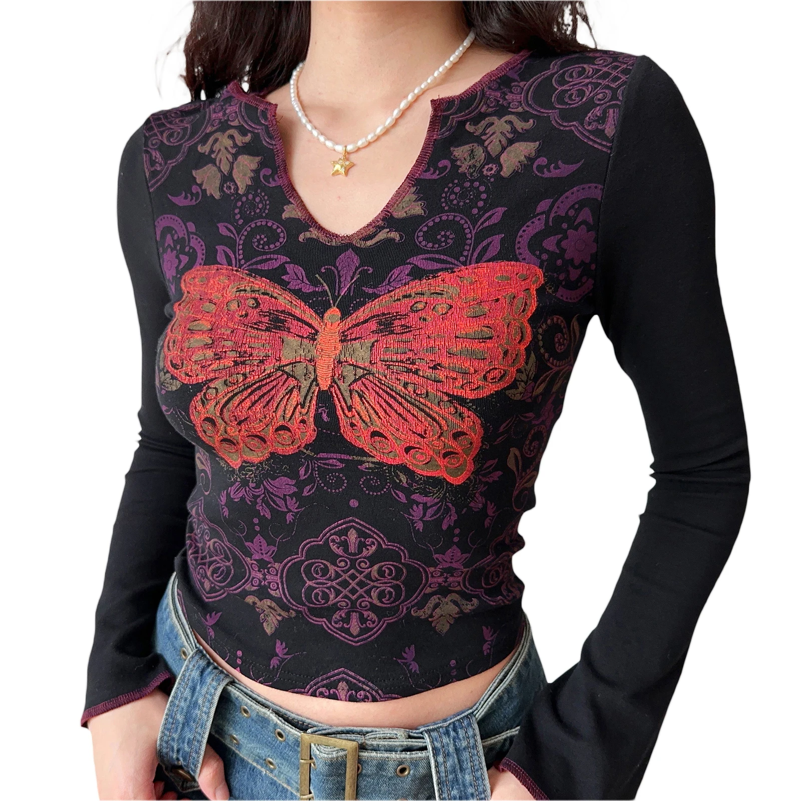 

Vintage Butterfly Print Black T-Shirts Women's Long Sleeve Notched V Neck Crop Tops Grunge Punk Street Slim Fit Casual Tees