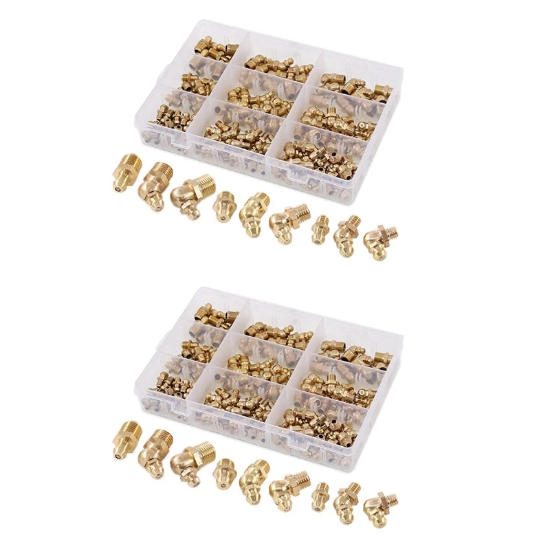 

290-Pcs Metric Standard Brass Hydraulic Grease Fitting Assortment Kit - Straight, 90-Degree, 45-Degree Angled Zerk