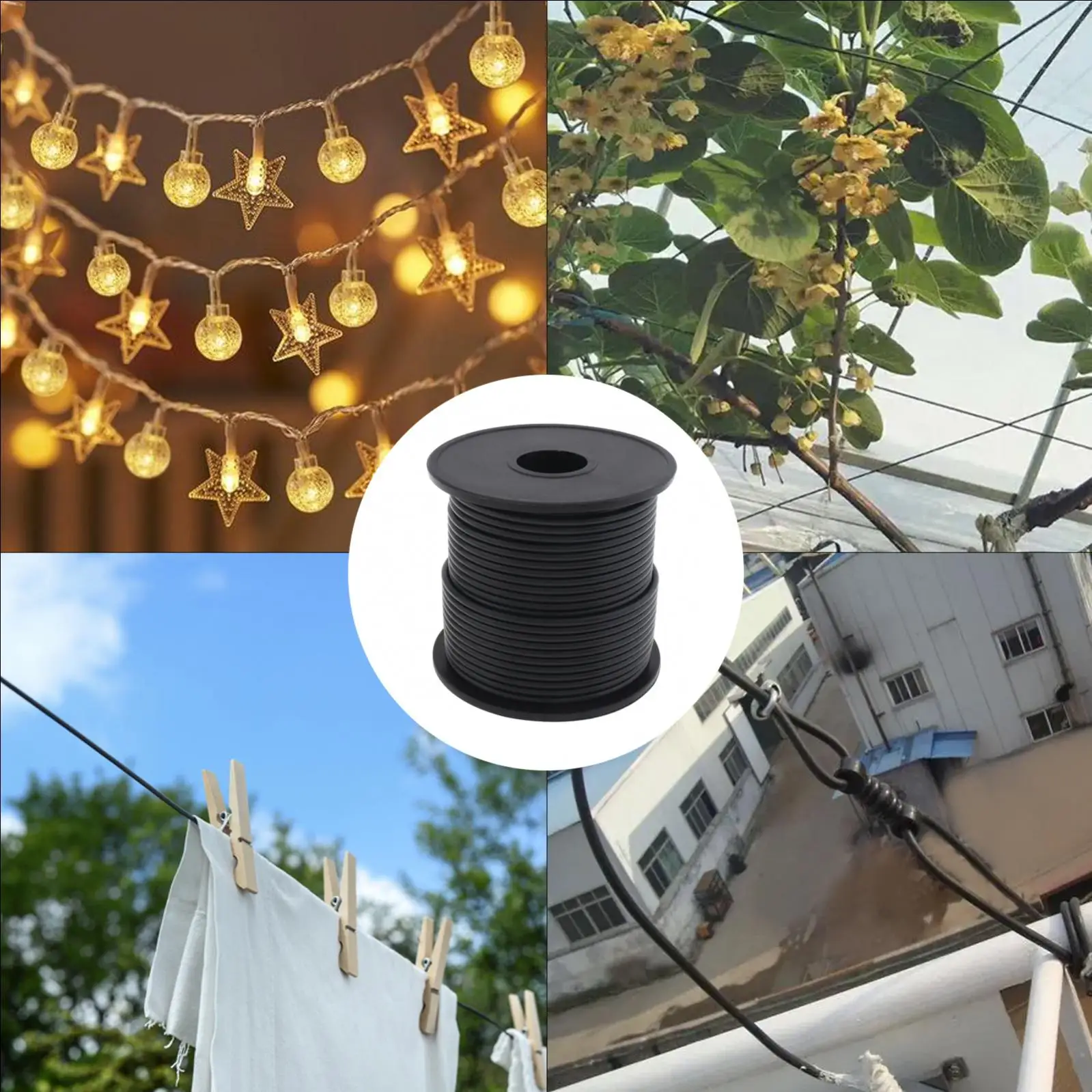 1/8 Inch 30m Wire Nylon Coated Rope Stainless Steel Aircraft Cable Hanging Kit for String Lights Clothes Line M3 Thimble Rigging