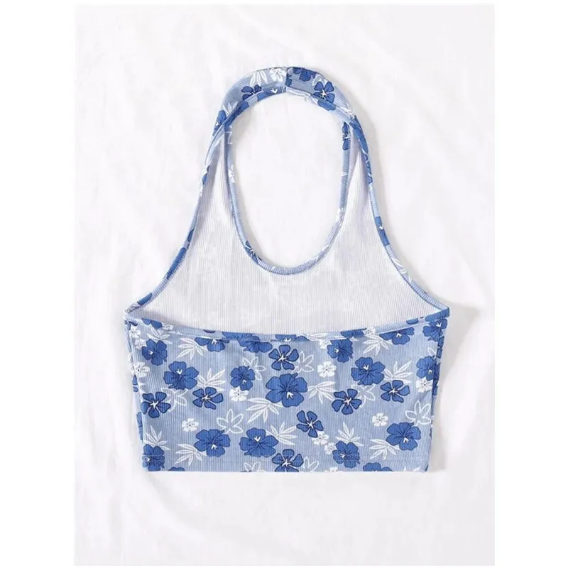 Floral Print Backless Rib Knit Halter 