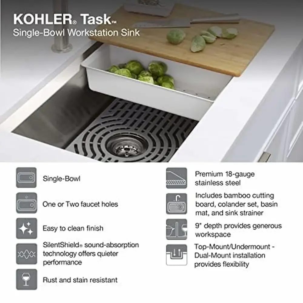 33" Single Bowl Stainless Steel Garbage Disposal Workstation 3/4HP Induction Motor 1-hole Task Sink Grid Drain 26 oz Grind
