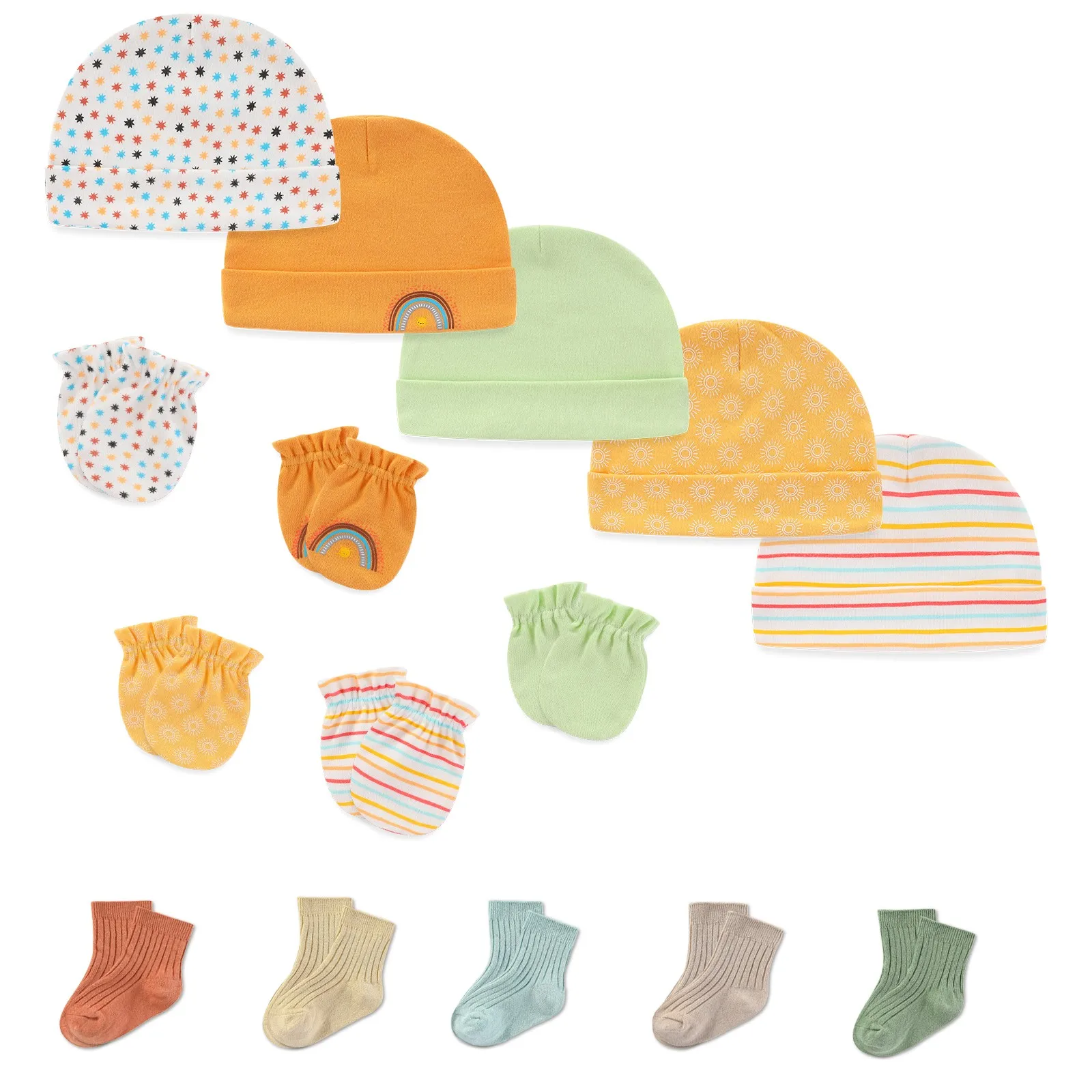 15Pieces New Born Hats+Gloves+Socks Sets 100%Cotton Cartoon Baby Girl Boy Headwear 0-6M Solid Color Infant Supplies Accessories