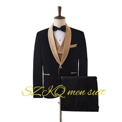 Groom Wedding Tuxedo Elegant Men's Suit 3 Piece Black Jacket Khaki Vest Formal Party Blazer Custom Size Suits