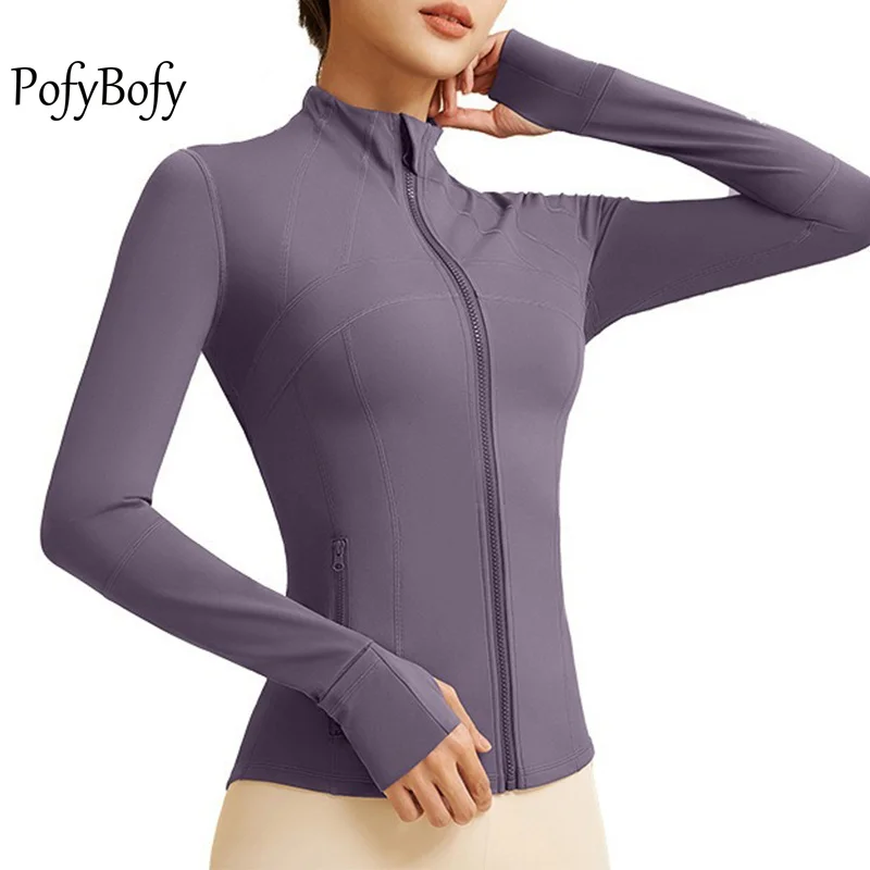 PofyBofy 엄지 구멍 스탠드 칼라 전체 지퍼 긴 소매, 더블 포켓 슬림 핏 요..