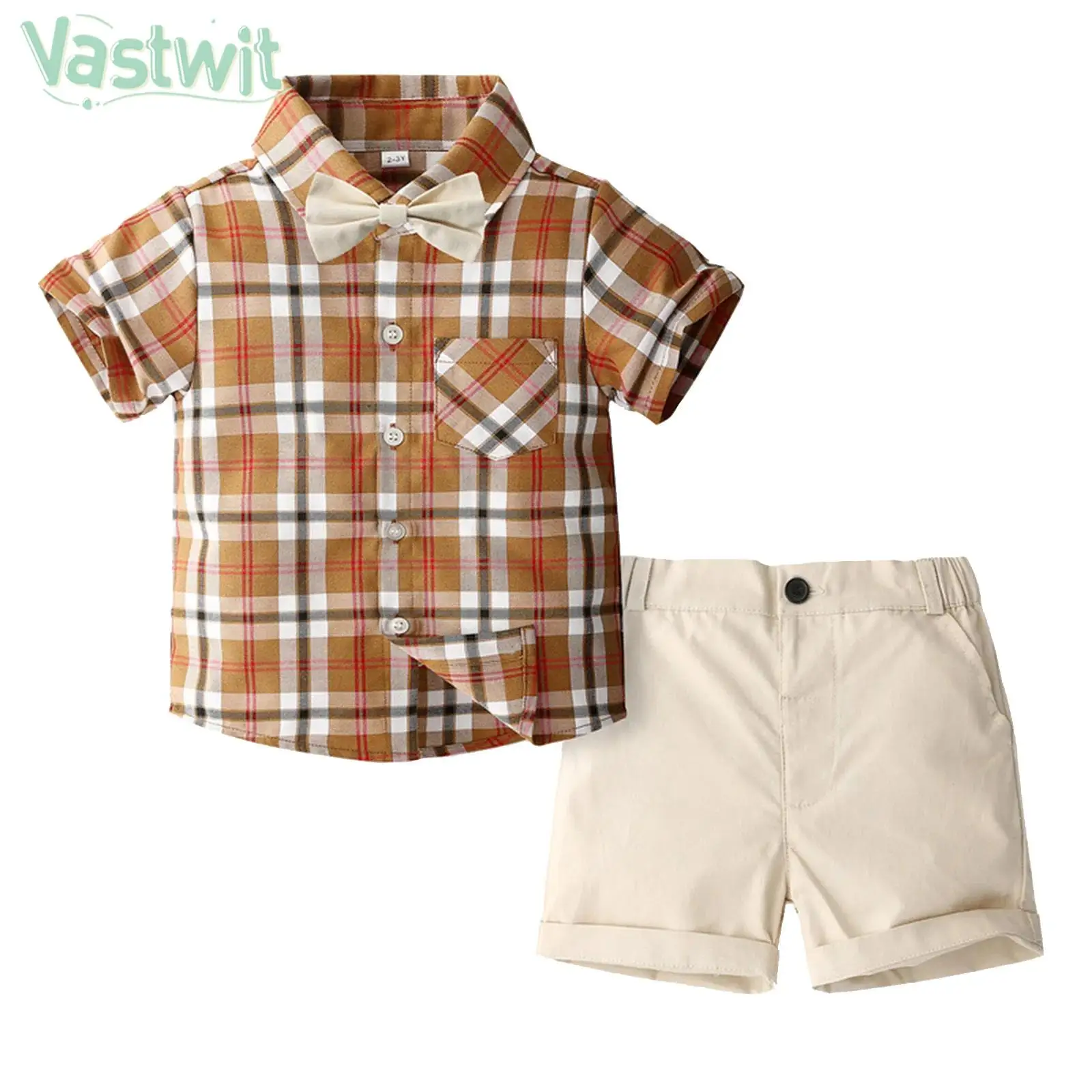 

Kids Boys British Preppy Style Outfit Birthday Wedding Party Gentleman Suit Short Sleeve Bow Plaid Shirt with Shorts Daily Wear