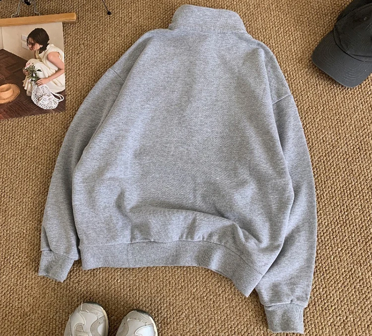 Stehkragen-Hoodie mit halbem Reißverschluss für Damen und Herren, locker geschnittenes Sport-Oberteil in Uni-Farbe – Detail 2