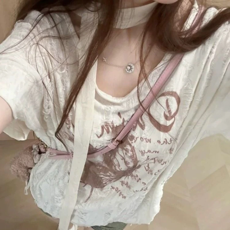 Summer Harajuku Letter Butterfly Print Grunge T-shirts Loose Streetwea Oversized Tops Women Y2k Aesthetic Casual Drawstring Tees 5
