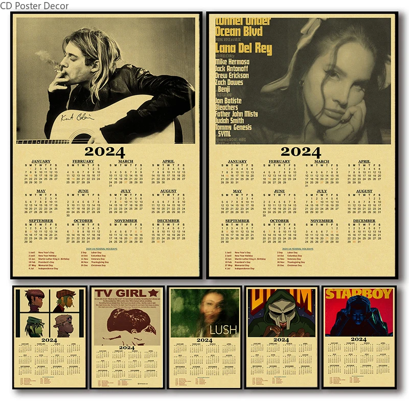 Vintage 2024 Calendar Poster Singer Kurt Cobain/Listy Grant/Tv Girl Retro Prints Art Wall Painting Room Home Bar Decor Picture
