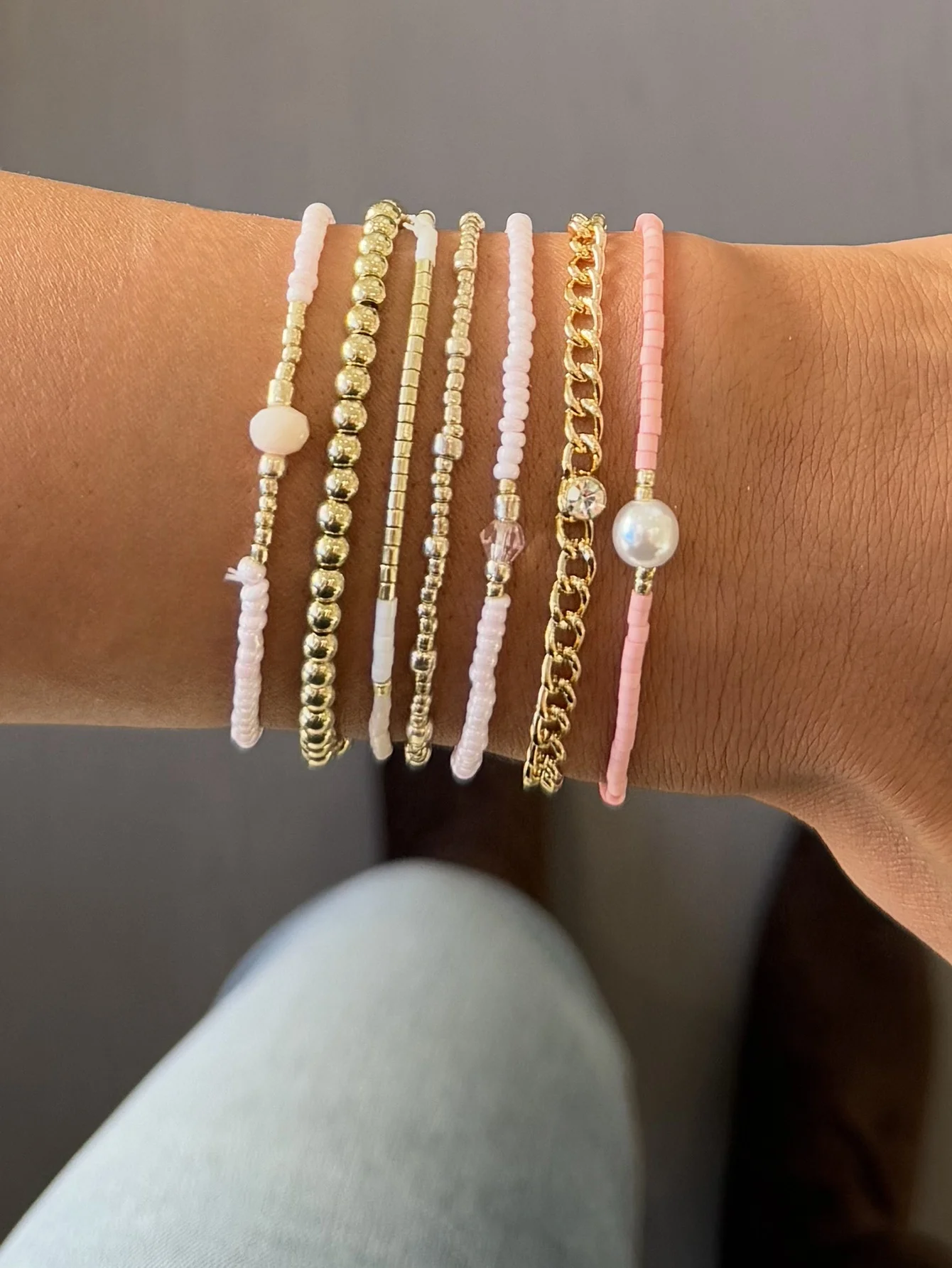 7PCS Pink Bead Chain Bracelet Set for Women